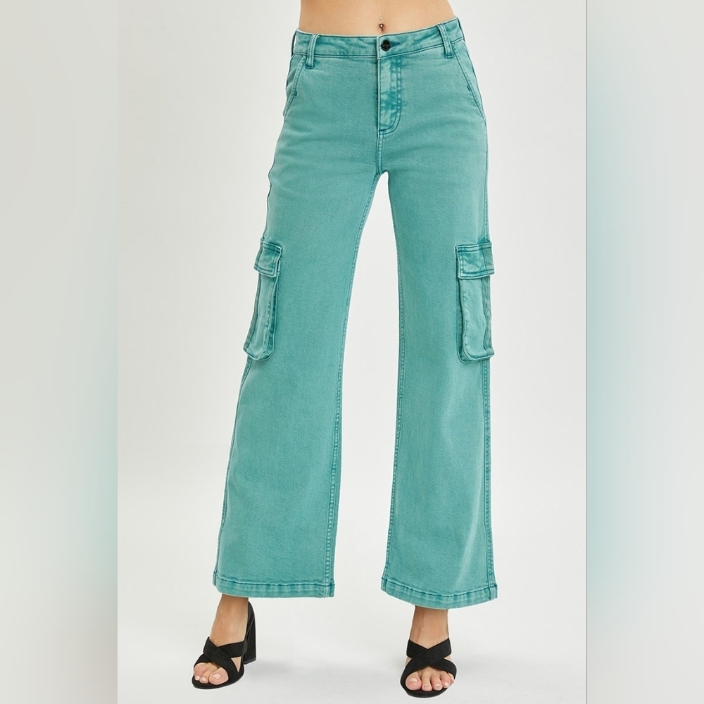 Stylish Teal Wide Leg Cargo Jeans - Picture 6 of 7